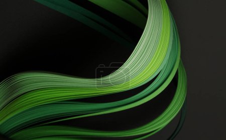 Photo for Green color strip wave curve paper line on black. Abstract texture background. - Royalty Free Image