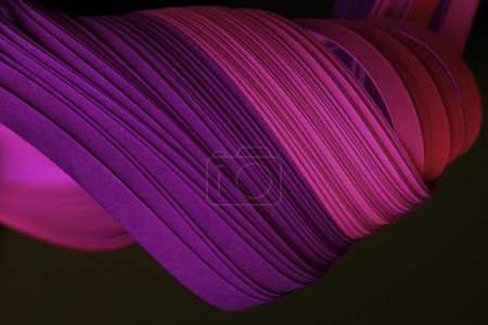 Photo for Neon Pink Violet color strip wave curve paper lineon black. Abstract texture background. - Royalty Free Image