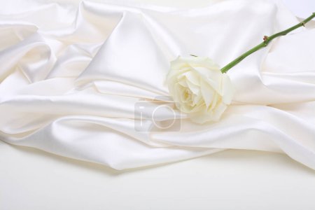 Téléchargez les photos : Nacre vague tissu soie avec bouquet de fleurs de rose blanche. Texture abstraite espace de copie horizontal arrière-plan. - en image libre de droit