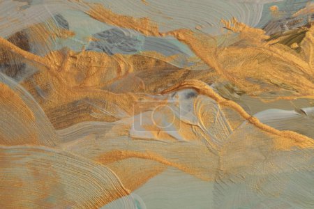 Foto de Oil and Acrylic smear blot painting wall. Abstract texture beige, blue, gold color stain brushstroke background. - Imagen libre de derechos