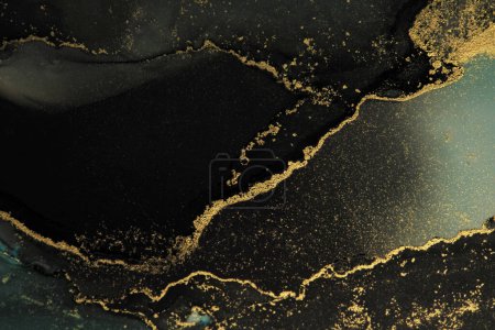 Foto de Art Abstract painting blots horizontal background. Alcohol ink watercolor black and gold colors. Marble texture. - Imagen libre de derechos