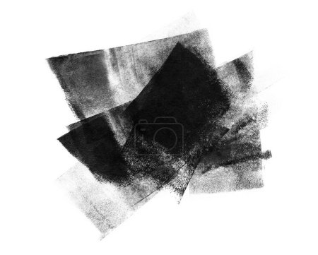 Foto de Abstract black and white color acrylic and watercolor smear stain blot painting. Monotype template. Canvas texture background. - Imagen libre de derechos
