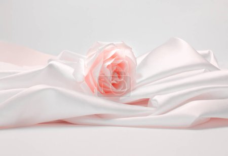 Photo for Wave fabric silk with beige pink rose flower bouquet. Abstract texture horizontal copy space background. - Royalty Free Image