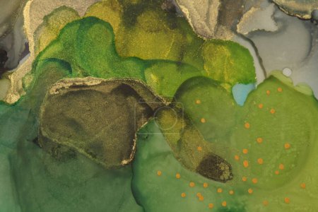 Foto de Arte Abstracto Acuarela y alcohol tinta flujo mancha pintura. Textura de mármol fondo horizontal. Verde y Oro (bronce). - Imagen libre de derechos