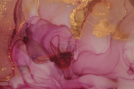 Téléchargez les photos : Art Abstrait Aquarelle et peinture à jet d'encre d'alcool. Texture marbre fond horizontal. Rose et or (bronze). - en image libre de droit