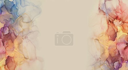 Photo for Art Abstract  Watercolor and Alcohol ink flow blot painting. Marble texture horizontal long background. Beige and Gold (bronze). - Royalty Free Image