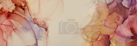 Téléchargez les photos : Art Abstract  Watercolor and Alcohol ink flow blot painting. Marble texture horizontal long background. Beige and Gold (bronze). - en image libre de droit