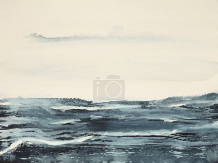 Photo for Art wet flow sea watercolor landscape smear blot painting. Abstract texture beige and blue color stain brushstroke paper background. - Royalty Free Image