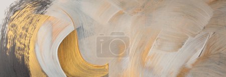 Foto de Óleo moderno y pared de pintura de manchas de acrílico. Textura abstracta color dorado mancha pincelada fondo. Arte contemporáneo. - Imagen libre de derechos