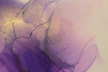 Photo for Art Abstract  Watercolor and Alcohol ink flow blot painting. Marble texture background. Violet, beige and Gold glitter. - Royalty Free Image