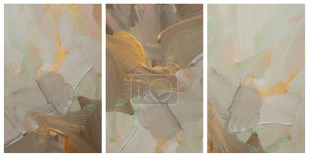 Photo for Art modern oil and acrylic smear blot canvas painting. Interior abstract triptych wall. Gold, bronze, beige and white color stain brushstroke texture background. - Royalty Free Image