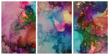 Photo for Art Abstract  Watercolor and Alcohol ink flow blot painting. Interior abstract triptych wall. Marble texture background. Violet and Gold glitter. - Royalty Free Image