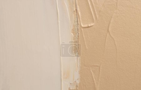 Photo for Art Acrylic and oil smear blot brushstroke painting wall. Abstract texture beige, white color stain copy space canvas background. - Royalty Free Image