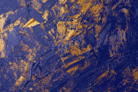 Foto de Arte Óleo y acrílico frotis pintura blot pared de lona. Abstracto nácar de oro, color azul mancha pincelada textura fondo. - Imagen libre de derechos