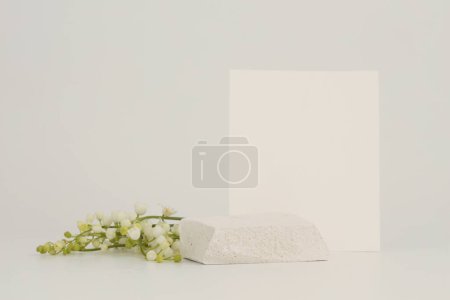 Photo for Stone platform podium and empty paper frame card background. Minimal empty display product presentation scene. - Royalty Free Image
