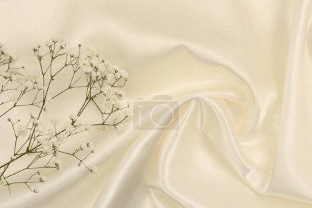 Téléchargez les photos : Doux foyer fumée Bouquet de fleurs Gypsophila sur fond beige clair en soie nacre. - en image libre de droit