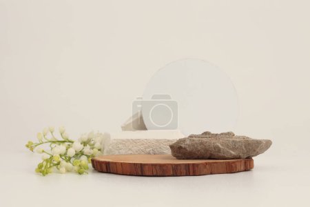 Photo for Stack of wood disk, stones platform podium and empty circle blank on beige light background. Minimal empty display product presentation scene. - Royalty Free Image