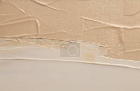 Photo for Art Oil and Acrylic smear blot brushstroke painting wall. Abstract texture beige, white color stain horizontal copy space canvas background. - Royalty Free Image