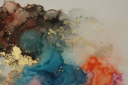 Photo for Art Abstract watercolor and ink flow smoke blot painting. Brown, beige and gold color canvas wet texture background. Alcohol ink. - Royalty Free Image