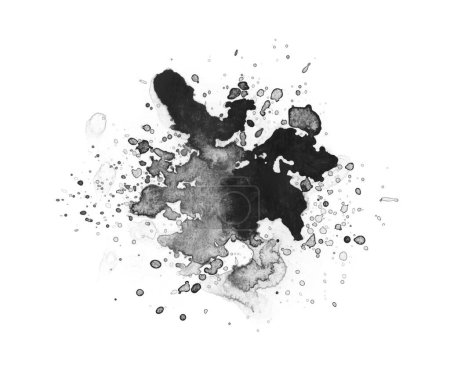 Photo for Black Ink Watercolor flow blot with drops splash. Abstract texture color stain on white background. - Royalty Free Image