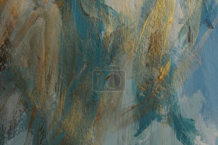 Photo for Texture oil and Acrylic smear blot painting wall. Abstract gold, blue color stain brushstroke background. - Royalty Free Image