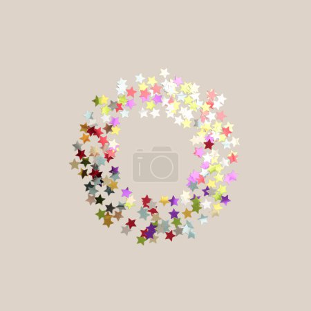 Foto de Brillo brillo estrella brillo círculo papel de aluminio marco en blanco. Copia abstracta espacio textura beige fondo. - Imagen libre de derechos