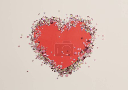 Photo for Glow sparkle rhinestones glitter heart paper frame blank. Abstract copy space texture beige background. - Royalty Free Image