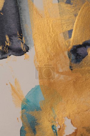 Photo for Watercolor ink and gold acrylic smear blot canvas painting paper. Abstract texture color stain brushstroke texture background. - Royalty Free Image