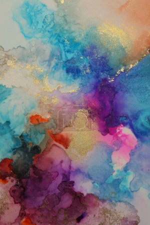 Téléchargez les photos : Art Abstrait Aquarelle et peinture à jet d'encre d'alcool. Marbre texture fond. Violet, bleu et or couleur paillettes. - en image libre de droit