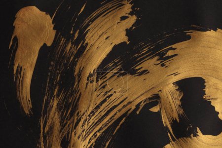 Foto de Art modern oil and acrylic smear blot canvas painting wall. Abstract texture gold, bronze, black color stain brushstroke texture background. - Imagen libre de derechos