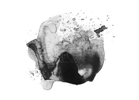 Photo for Black Ink Watercolor flow blot with drops splash. Abstract texture color stain on white background. - Royalty Free Image