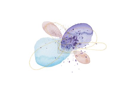 Foto de Textura abstracta dibujada a mano Acuarela flor con gotas y doodle elementos de la línea de oro sobre fondo blanco. - Imagen libre de derechos