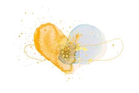Foto de Textura abstracta dibujada a mano Acuarela corazón con gotas y doodle elementos de la línea de oro sobre fondo blanco. - Imagen libre de derechos