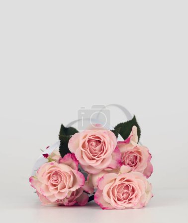 Foto de Ramo de flores de rosa rosa con cinta de seda blanca. Fondo de espacio de copia gris claro. - Imagen libre de derechos