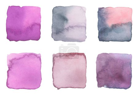 Photo for Ink watercolor hand drawn square stain blot. Wet pink, violet pastel color paper texture background. Set. - Royalty Free Image
