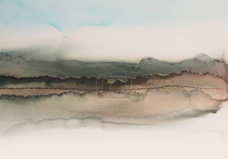Hand drawn Watercolor, alcohol ink wave flou texture painting landscape. Abstract brown, gray blue and beige neutral background.