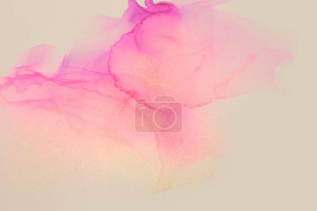 Photo for Art Abstract  Watercolor and Alcohol ink flow blot painting. Smoke texture background. Pink, beige and Gold glitter. - Royalty Free Image