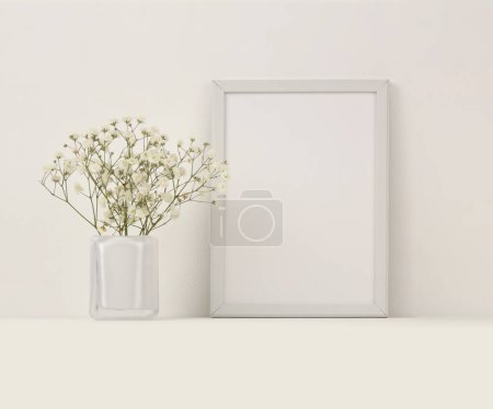 Photo for Office table (shelf) with empty frame and flowers. Copy space creative Ligt beige neutral workspace. - Royalty Free Image