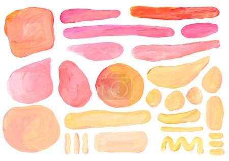 Photo for Art oil and acrylic smear blot dot painting elements. Abstract yellow, pink, beige color hand drawn stain brushstroke texture on white background. - Royalty Free Image