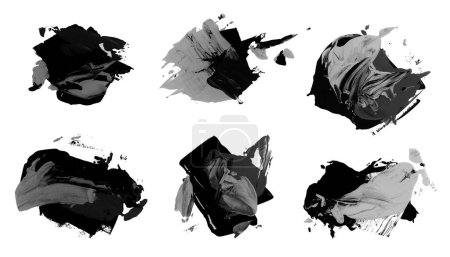 Photo for Art Ink Watercolor and Acrylic smear brushstroke painting blot isolated on white. Abstract texture black color stain background. Set. - Royalty Free Image