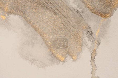 Téléchargez les photos : Or beige, encre de bronze tache de flux de fumée aquarelle sur fond de texture de grain de papier mouillé. - en image libre de droit