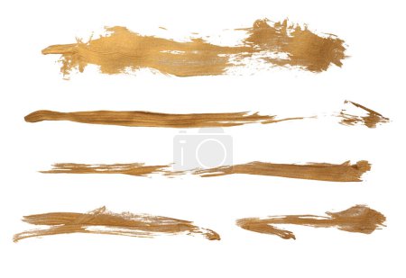 Photo for Grunge Gold ink color smear brush stroke stain line blot on white background. - Royalty Free Image