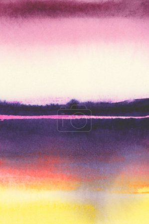 Foto de Tinta acuarela dibujado a mano humo flujo mancha manchas paisaje sobre papel mojado textura fondo. Violeta, rosa, amarillo. - Imagen libre de derechos