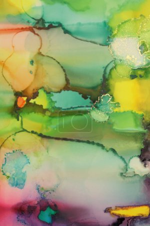 Photo for Abstract ink watercolor and alcohol ink flow blot painting. Art green, gold color paper marble texture background. - Royalty Free Image