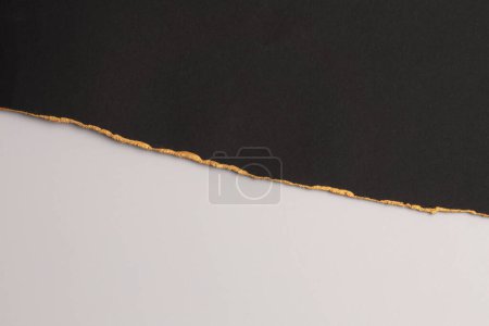 Photo for Torn crumble black and beige empty pieces of texture paper with gold line copy space background. - Royalty Free Image