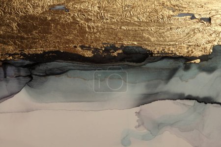 Photo for Art Abstract watercolor marble smoke blot painting. Beige and gold paper texture background. - Royalty Free Image