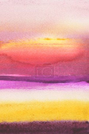 Photo for Ink watercolor hand drawn smoke flow stain blot landscape on wet paper texture background. Violet, pink, yellow colors. - Royalty Free Image