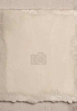 Photo for Beige and nacre gray frame painting paper empty card on wood wall. Abstract texture copy space neutral grunge background. - Royalty Free Image