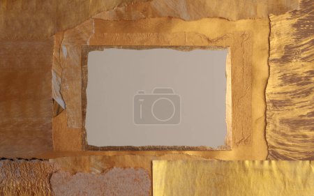 Photo for Gold, bronze and beige paper collage paper frame painting wall. Abstract glow texture copy space relief background. - Royalty Free Image