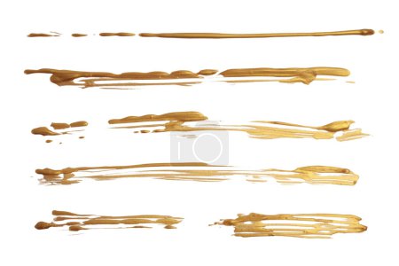 Gold glitter ink color smear brush stroke stain line blot on white background. 